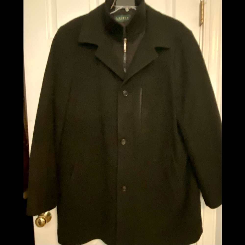 Lauren Ralph Lauren Mens Wool Coat Size 48 L Lined Insulated Zip Collared Black